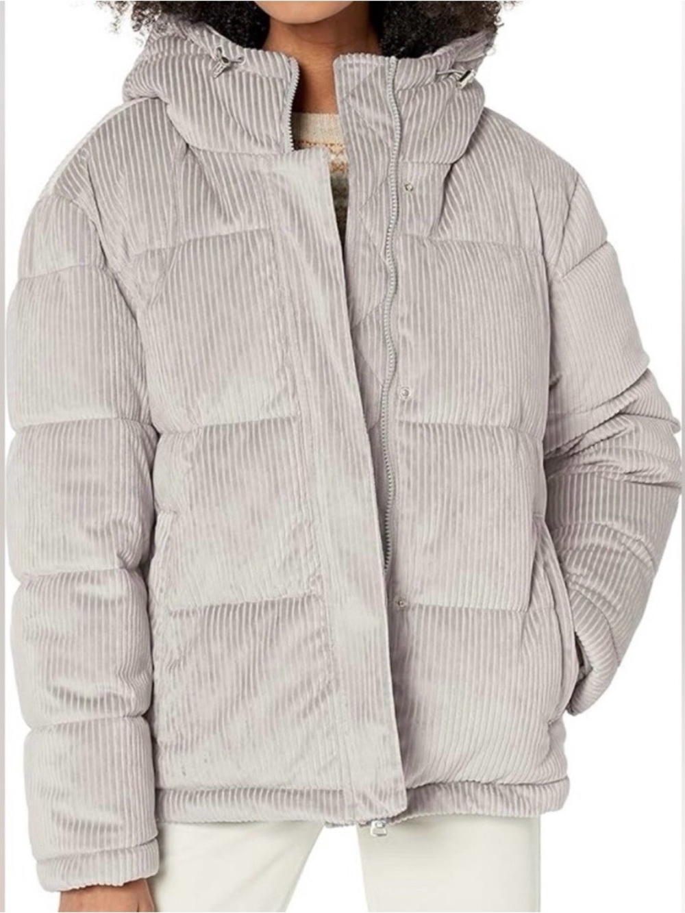 Kenneth Cole Light Gray Corduroy Puffer Jacket with Hood